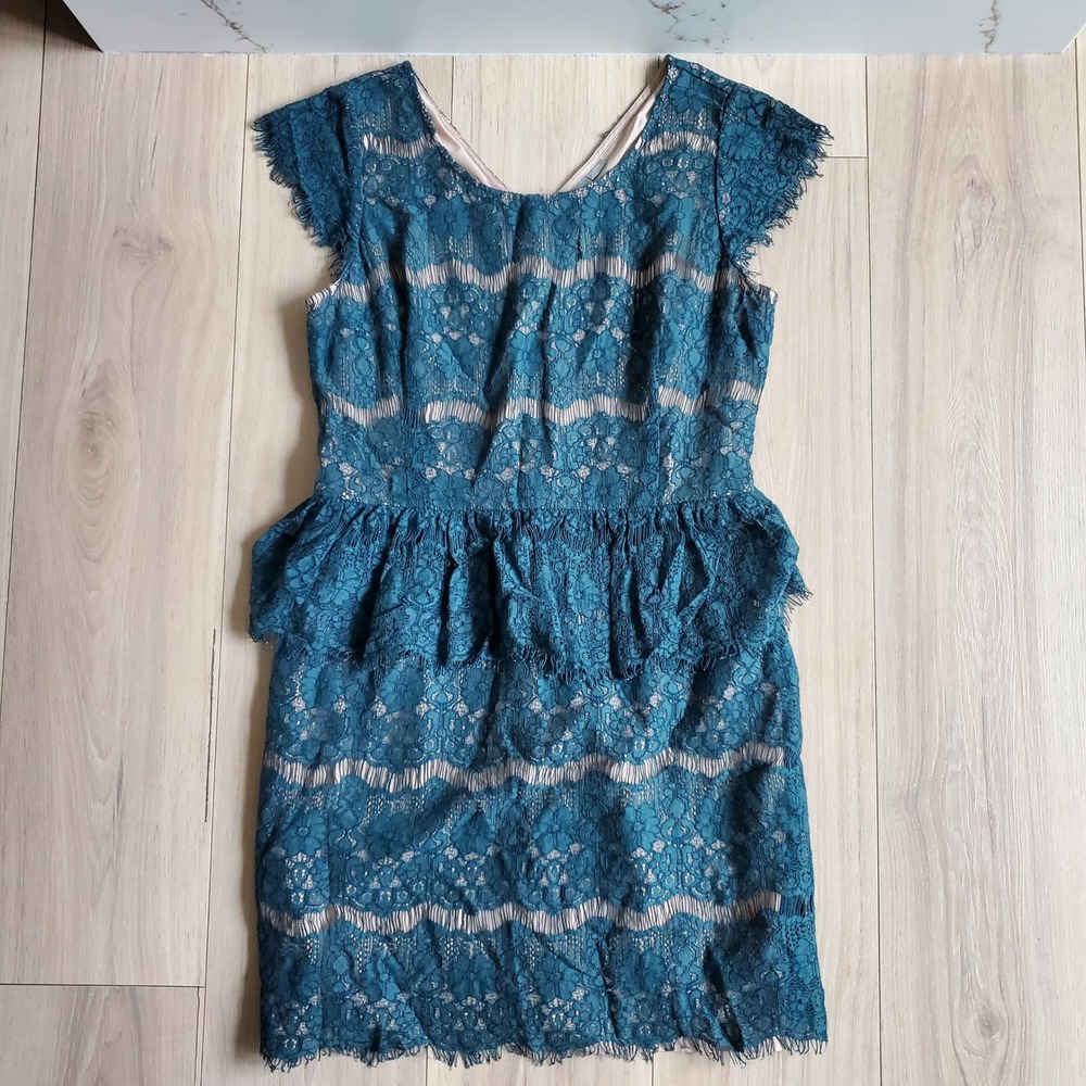 Anthropologie Maeve Dress Womens L Teal Lace Elsa Peplum Waist Cocktail Sheath